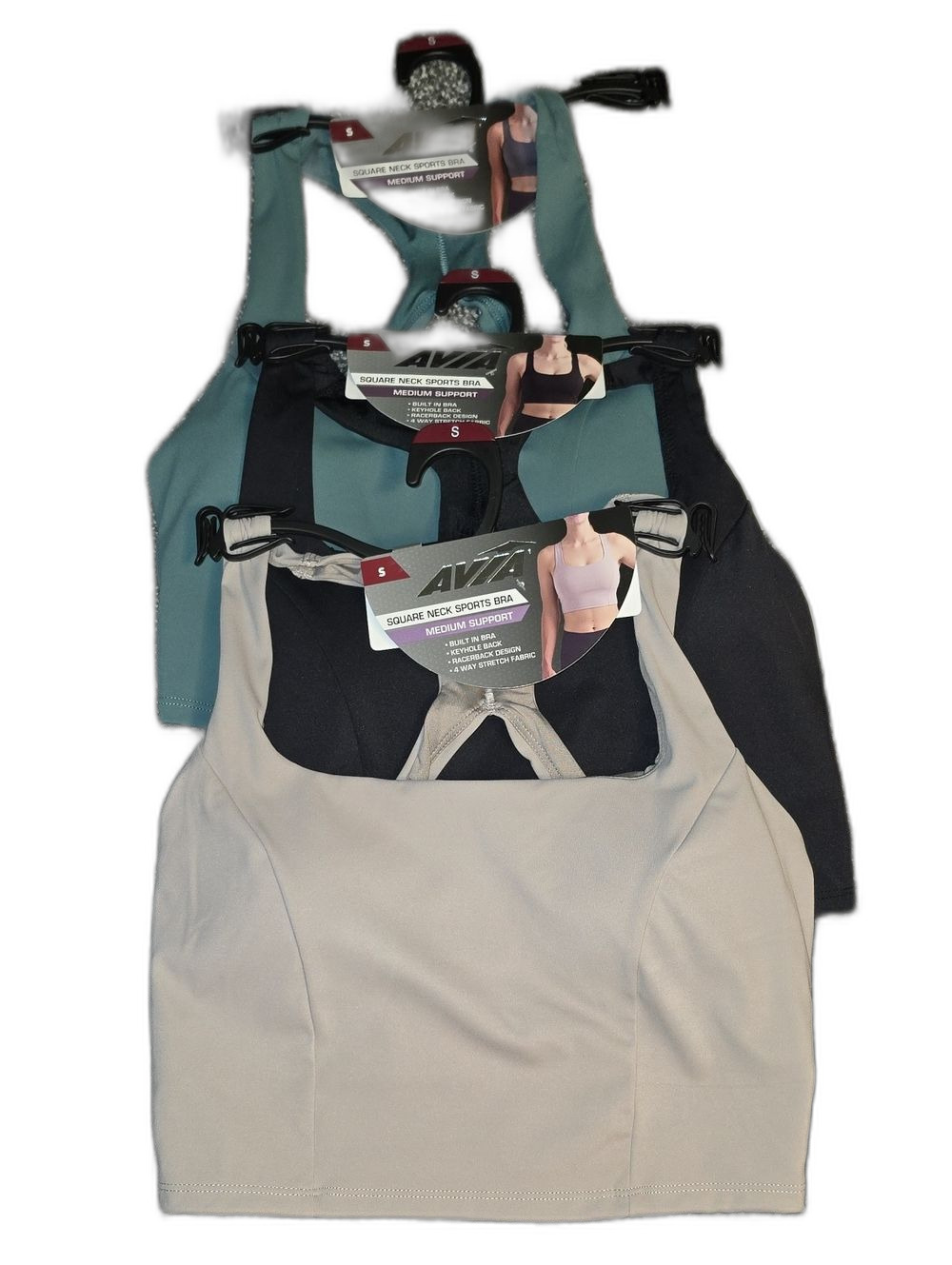 NWT Avia Square Neck Sports Bras - Teal, Black, Taupe (3-Pack)